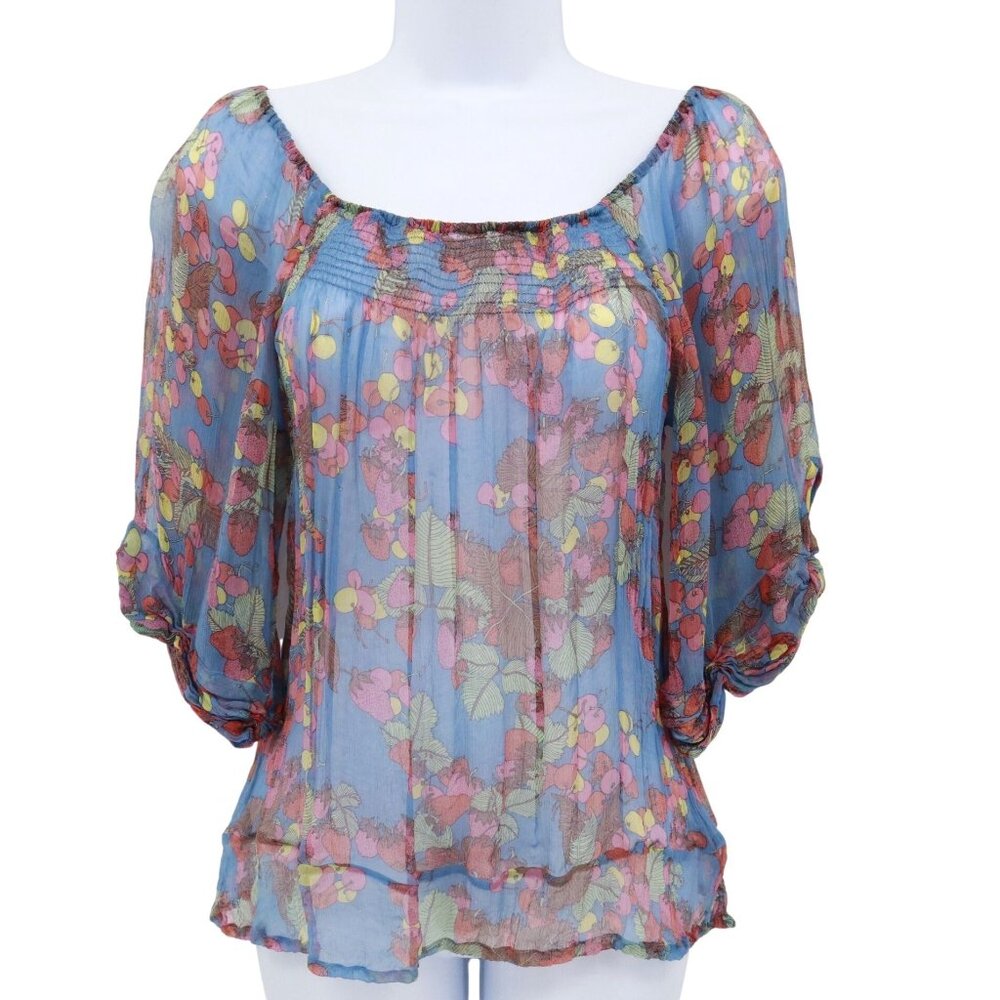 Charlotte Ronson Sheer Silk Top Womens S Blue Boho‎ Bloomcore Cottagecore Twee